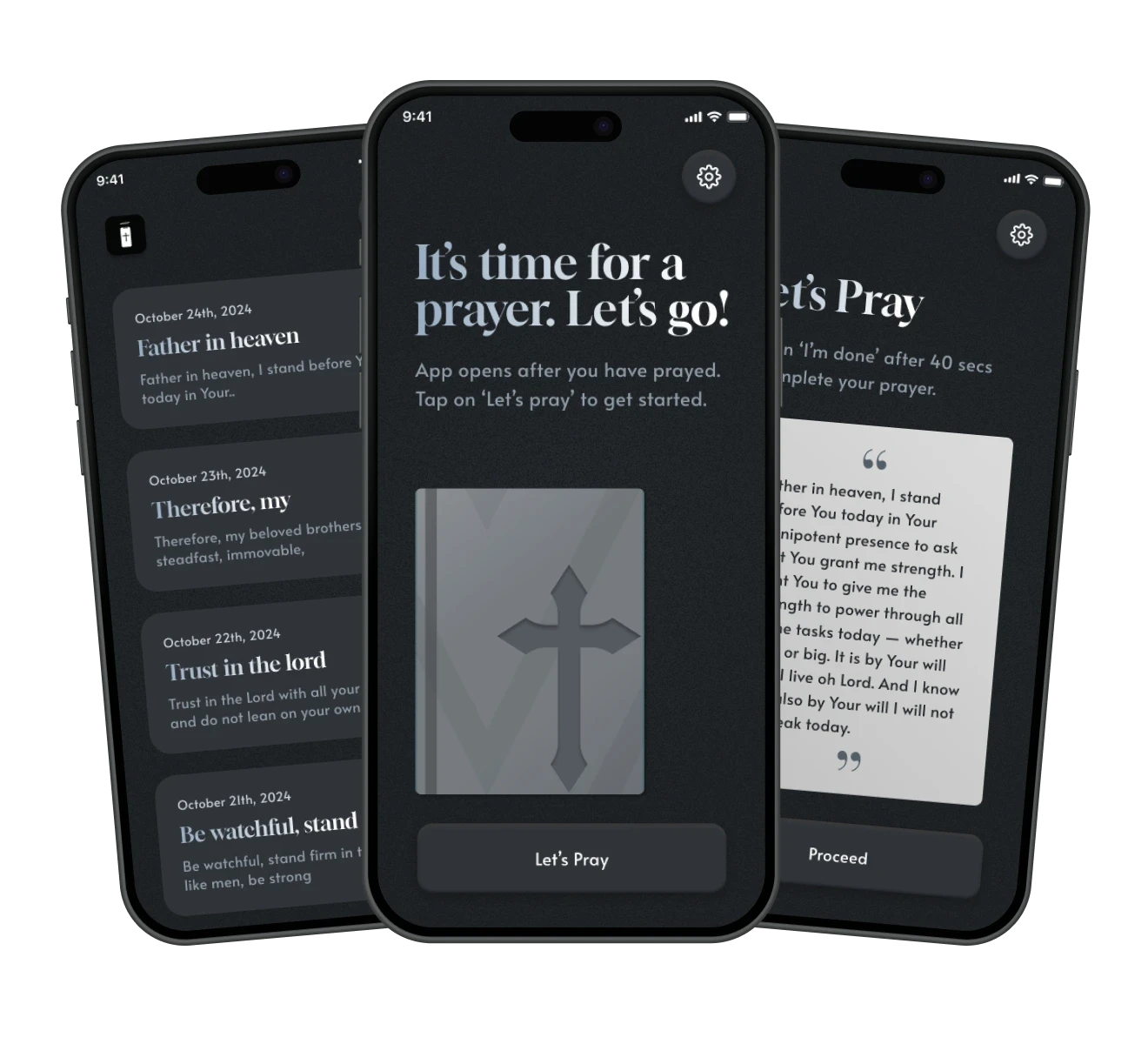 Three iPhone screens showing the Pray Screen app: a prayer history list, the 'It's time for a prayer' lock screen, and a finished prayer card.